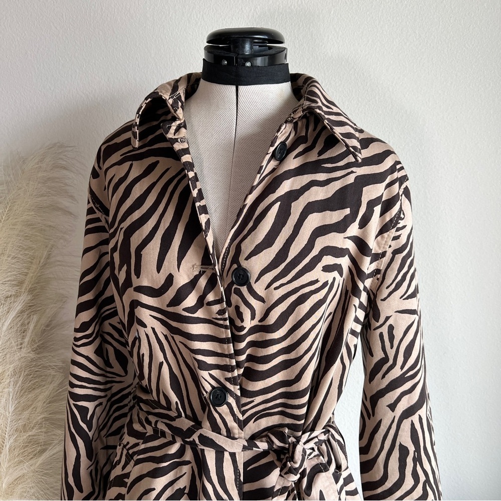 Vintage Chaps Black Tan Animal Zebra Print Trench Coat - Picture 6 of 14